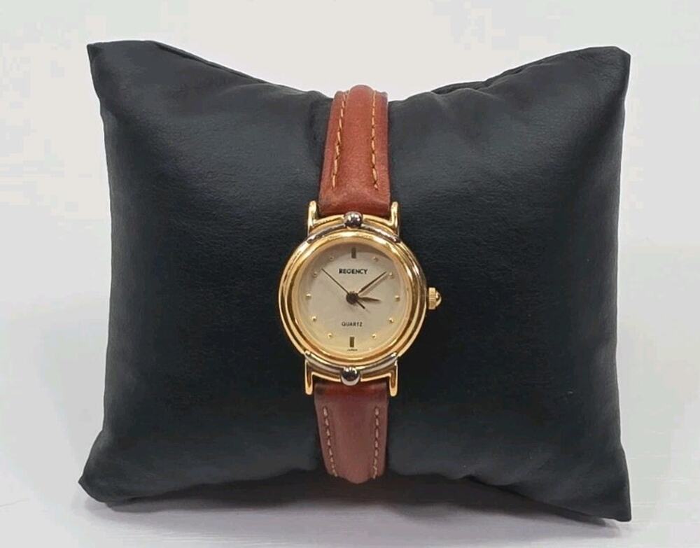 Regency Gold Tone Women's Wrist Watch Analog Brown Leather Band New Battery W237